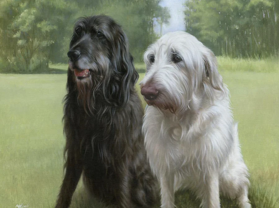 Oil painting of Oscar and Harry, two dogs, by Nicholas Beall