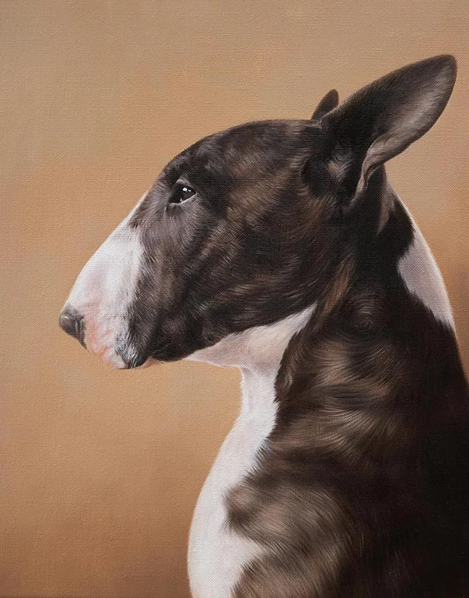 Oil painting of Patton the dog, a detailed pet portrait by Nicholas Beall