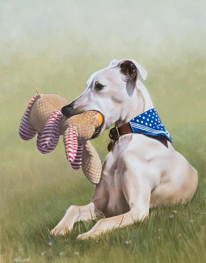 Oil painting of Monty the Whippet dog by Nicholas Beall, a birthday surprise
