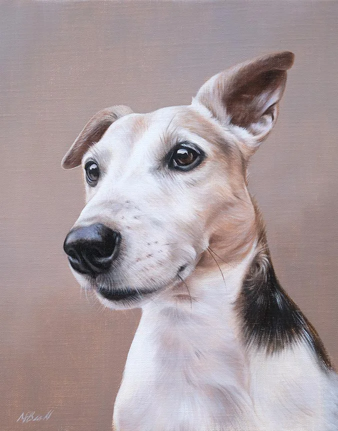 Realistic oil portrait of Wilson the dog, a custom painting by Nicholas Beall