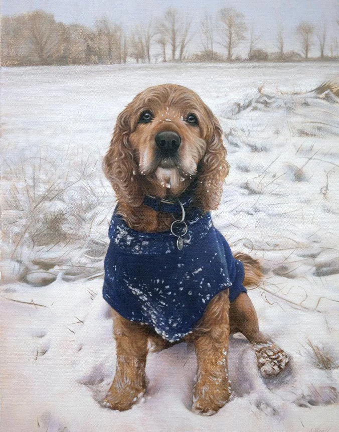 Oil portrait of Milo the dog commissioned for actor John Nettles by Nicholas Beall