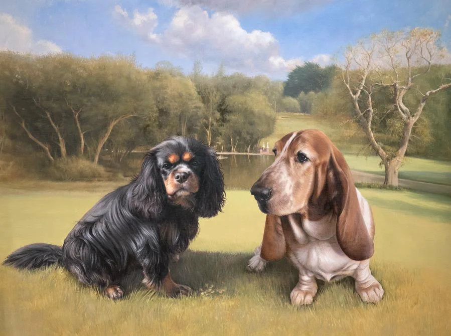 Oil painting of Bilbo and Mr Kipling, two dogs, by Nicholas Beall