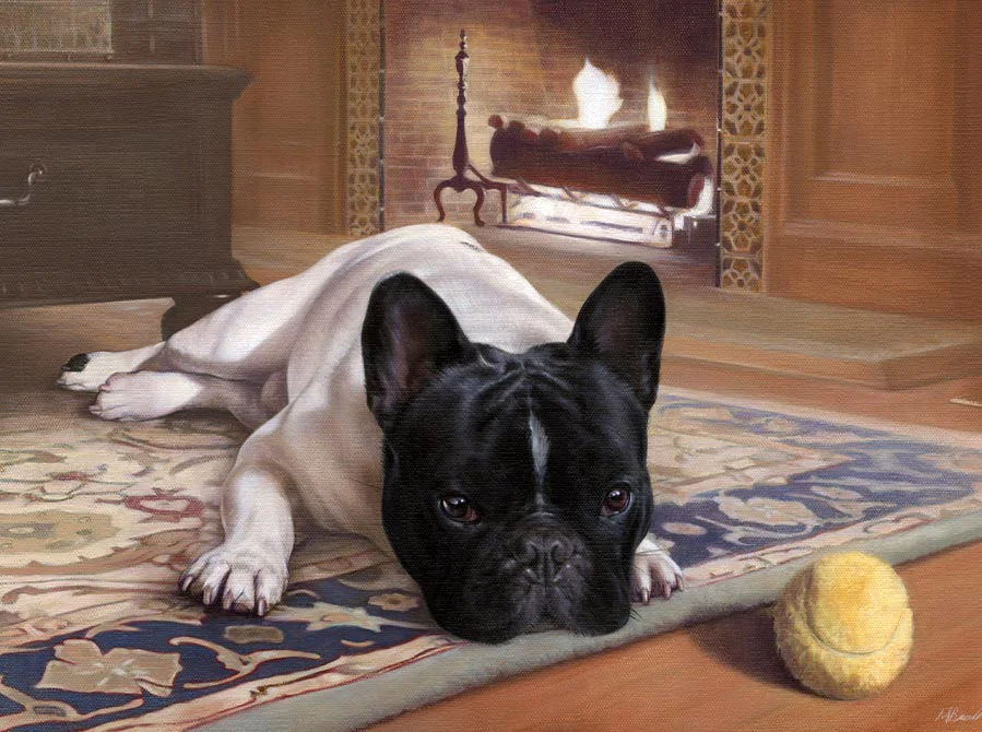 Oil painting of Agarn, a French Bulldog dog, by Nicholas Beall