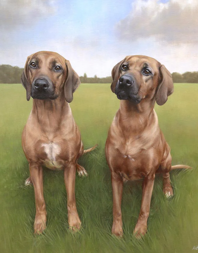 Oil painting of Amba and Maddie, two Rhodesian Ridgeback dogs, by Nicholas Beall