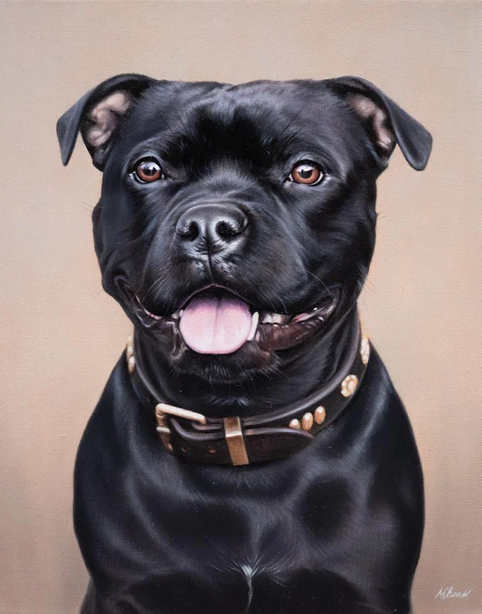 Oil painting of Nell, a Staffy dog, by Nicholas Beall