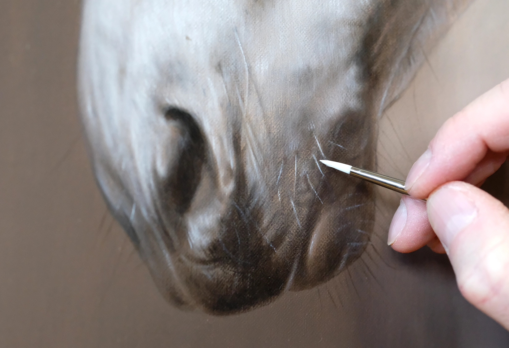 Close up detail of a Nicholas Beall oil painting showing rich brushwork on linen canvas