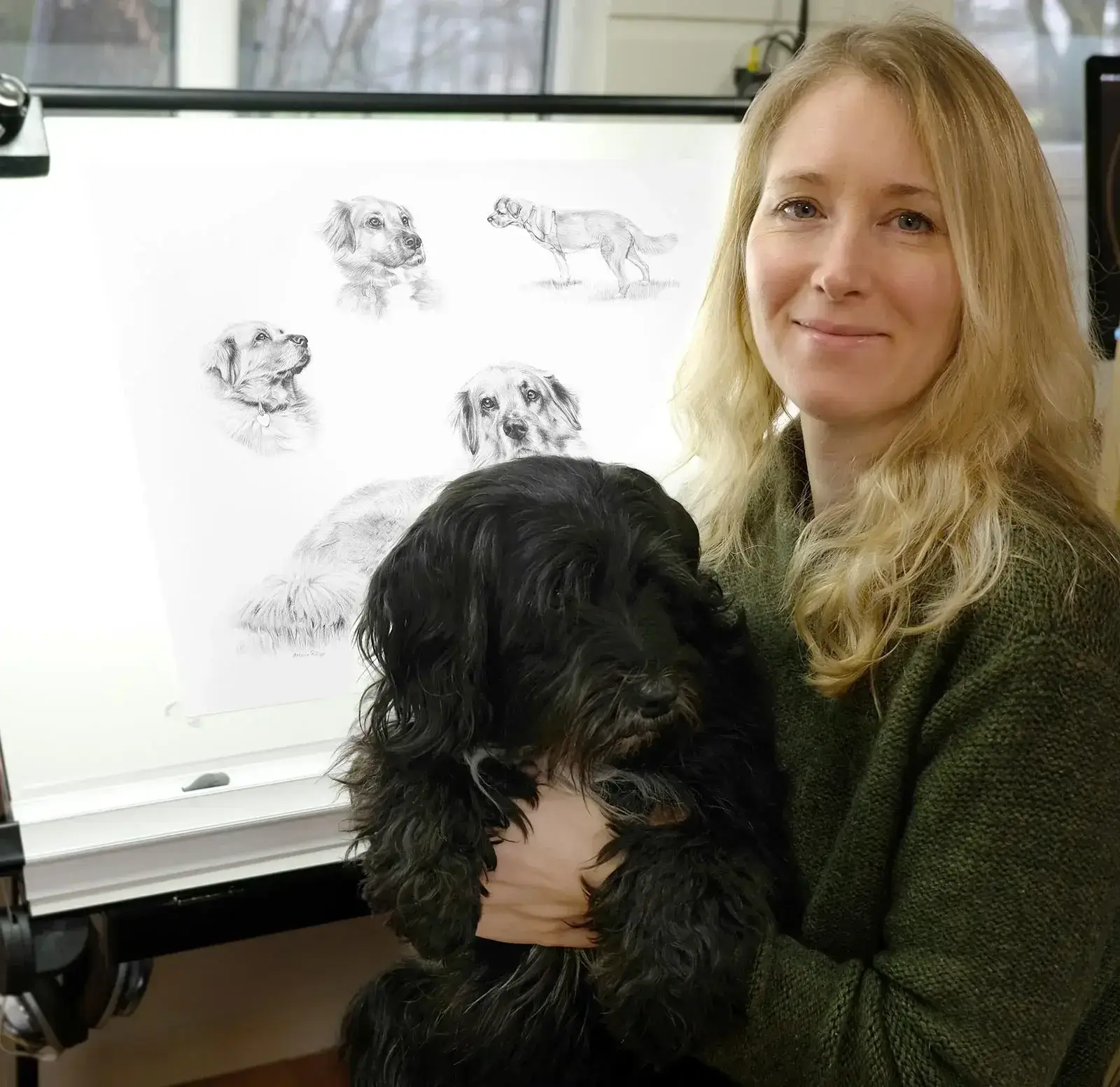 Melanie Phillips with her heartwarming Life Story pet drawings showing beloved pets in multiple tender moments