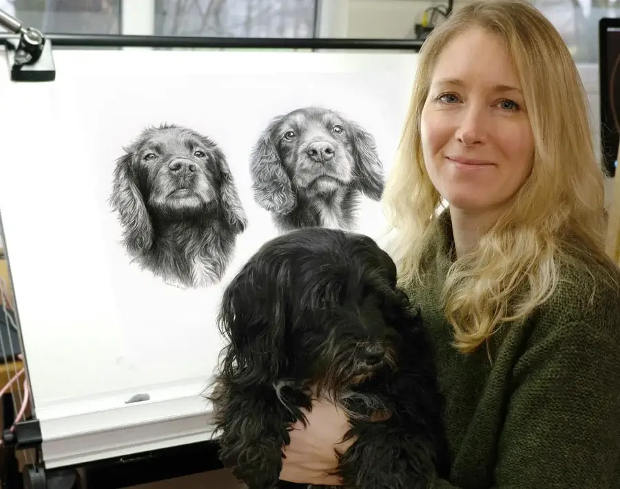 Melanie Phillips, the artist, with her Tibetan Terrier Lily, a visual representation of her pet portrait artistry.