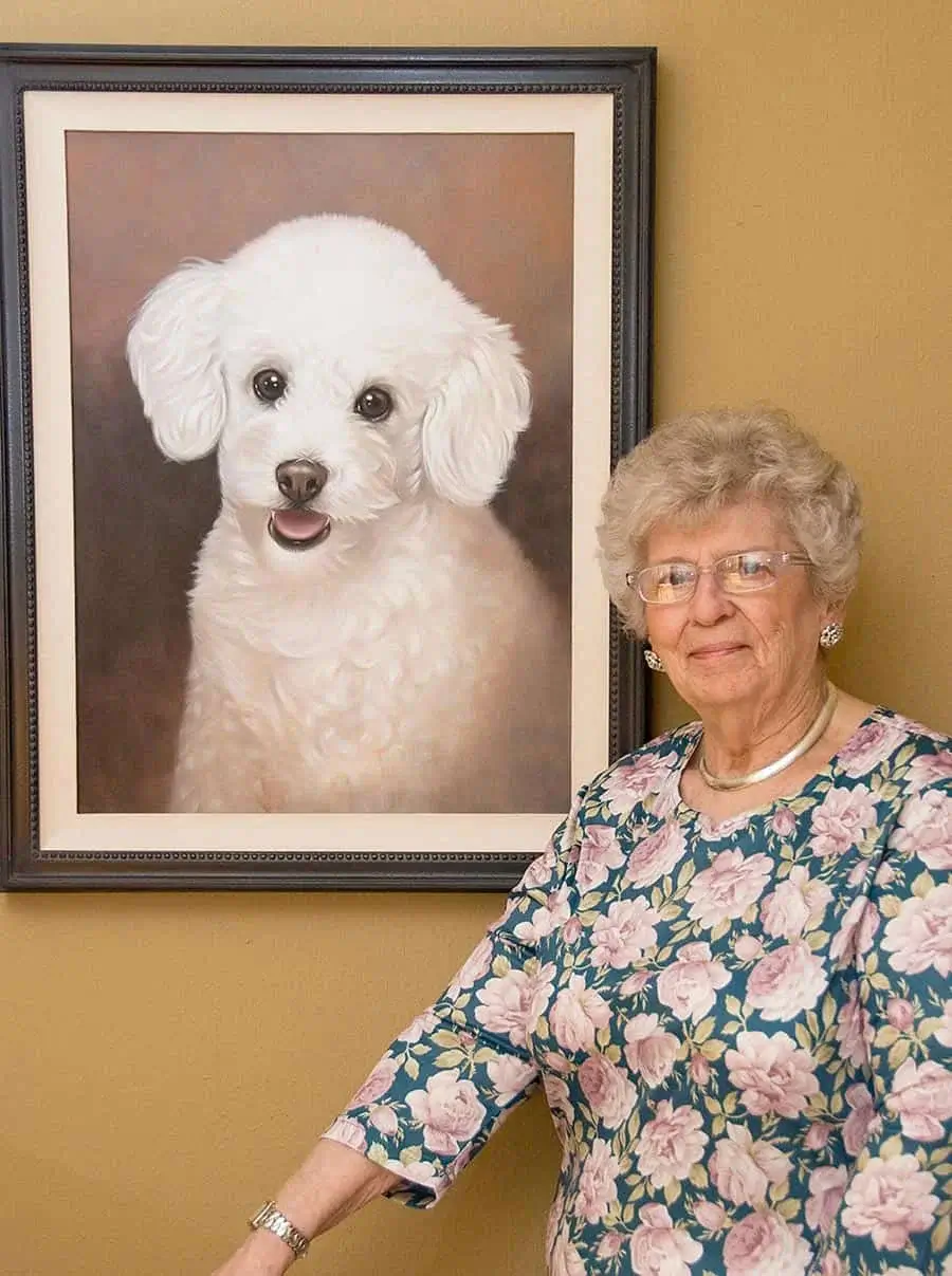 Large oil pet portrait on linen canvas displayed with its proud owner