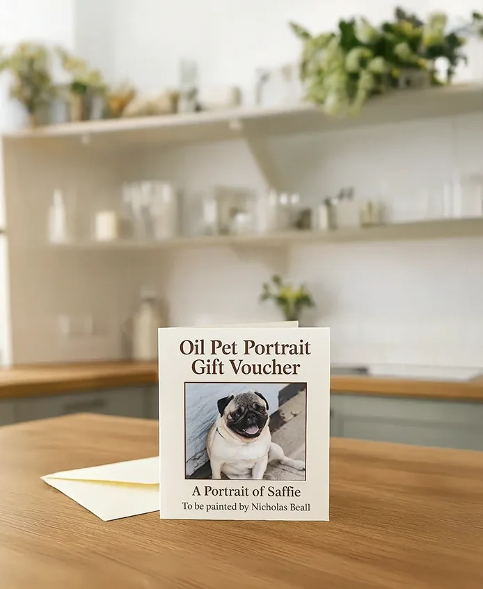 A personalized pet portrait gift voucher design, available for purchase via email.