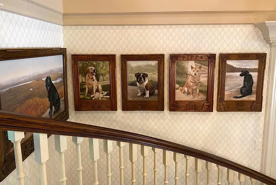 Professional oil paintings displayed in Harlan Crow's private residence showing five dog portraits by Nicholas Beall