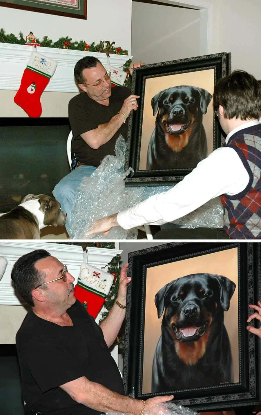 Lothur the Rottweiler oil painting gift being unwrapped at Christmas