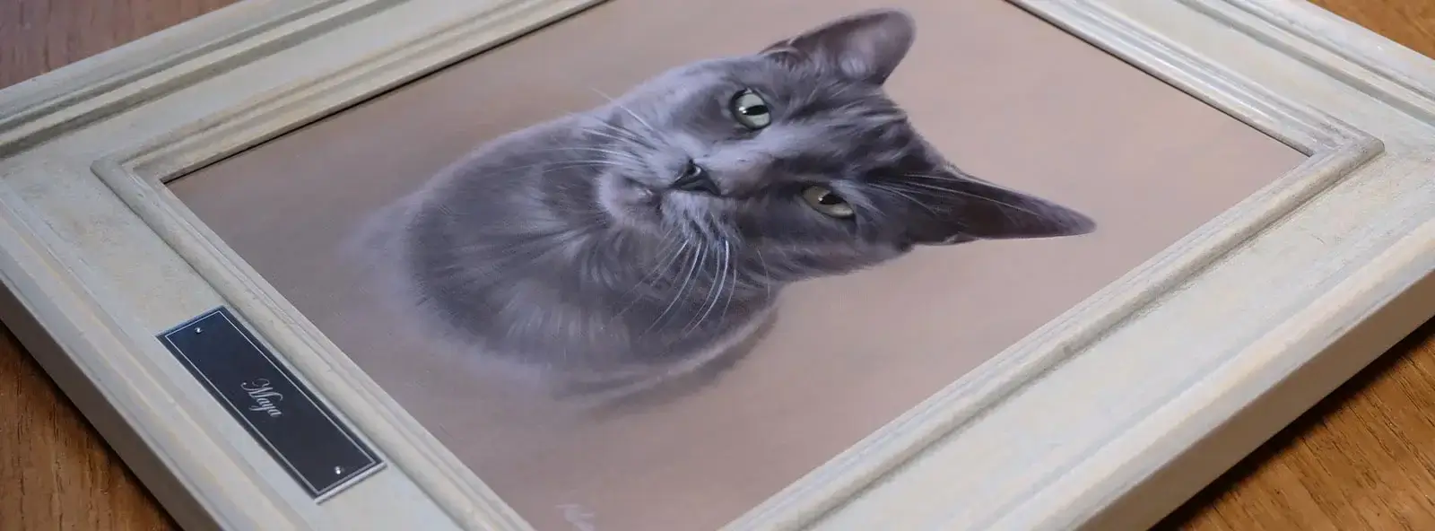 Full collection of traditional oil pet portraits by Nicholas Beall displayed