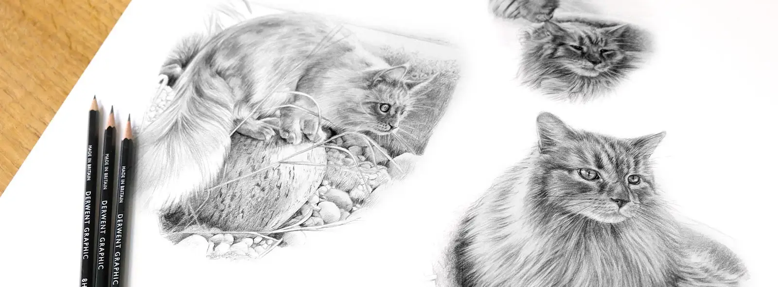 Hand-drawn pencil portraits by Melanie Phillips.