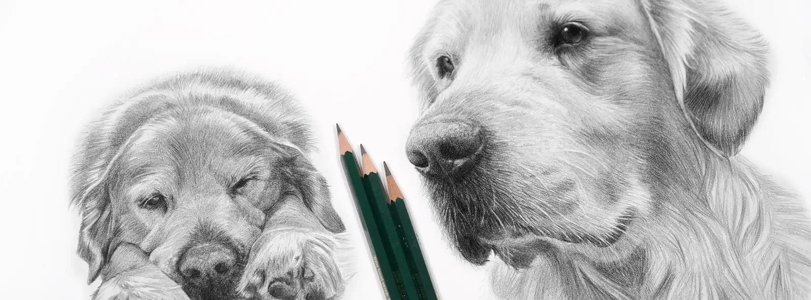 Hand-drawn pencil portraits by Melanie Phillips.