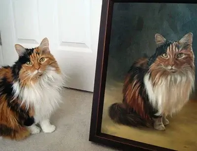 Nicole Blanton's cat sitting beside its portrait, which perfectly mirrors its pose and captures every hair, described as 'stunning'.