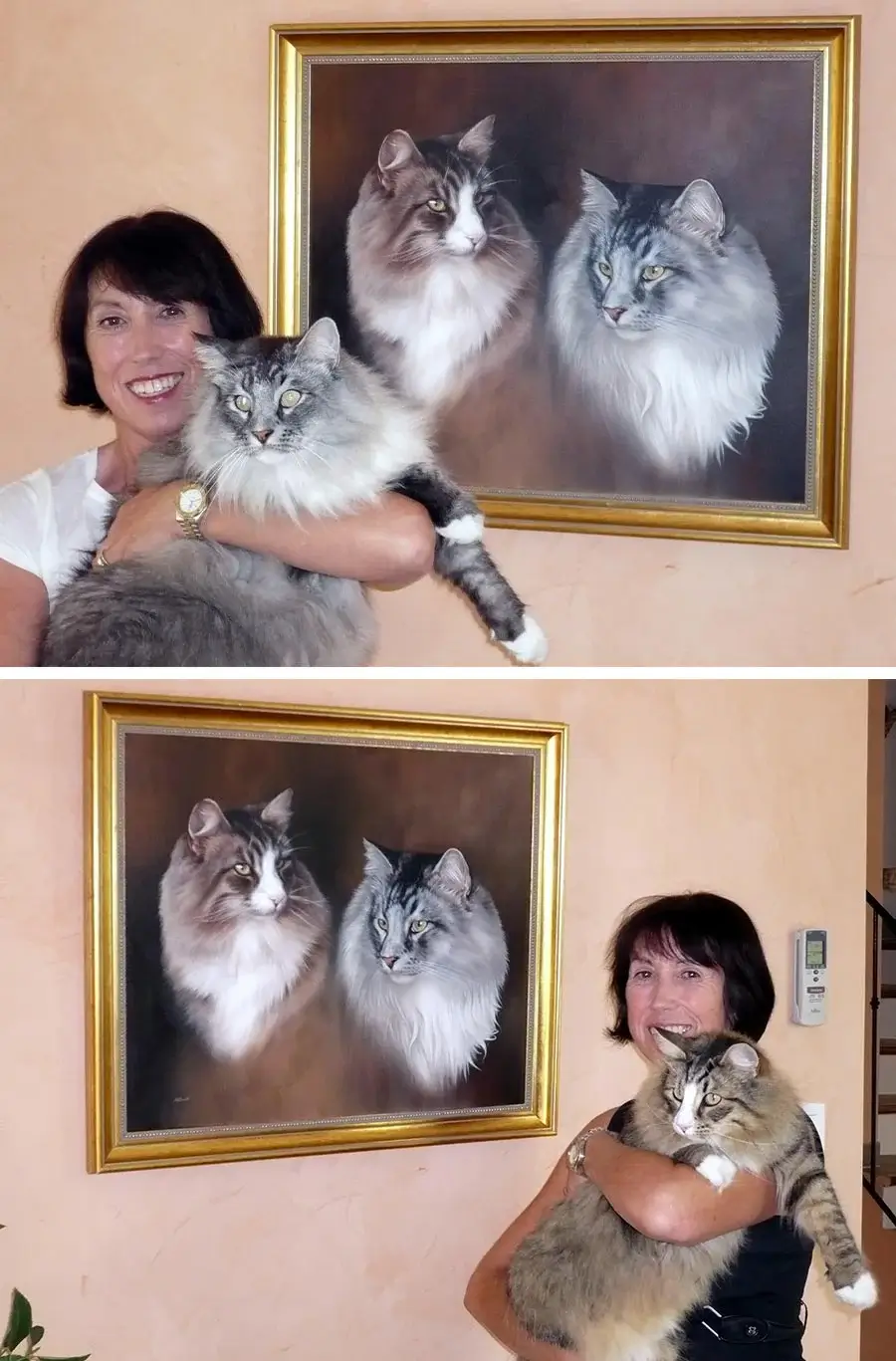 Ros standing proudly next to her custom pet portrait of Barney/Zorro, which hangs prominently in their house in France.