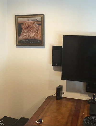 Client Kristin and Jeff tearfully opening their magnificent pet portrait of Puff, now proudly displayed in Jeff's office.