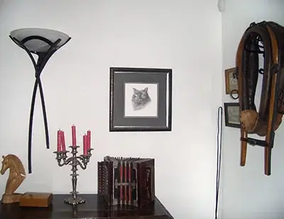 A detailed digital preview of Penny the cat's portrait, showcasing her personality, awaiting client Jeanette's approval.