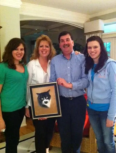 A highly realistic portrait of Groucho the cat, capturing his likeness from an old photo, admired by client Terralynn.