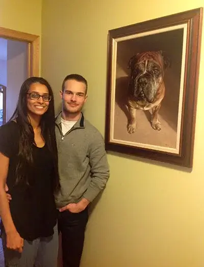 Deepy Sidhu expressing emotional gratitude for her new, incredibly accurate portrait of Boomer, a cherished gift from Kristian.