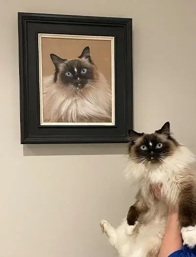 Happy client holding up a recently framed oil portrait of a Golden Retriever, showcasing the artwork in its new home.
