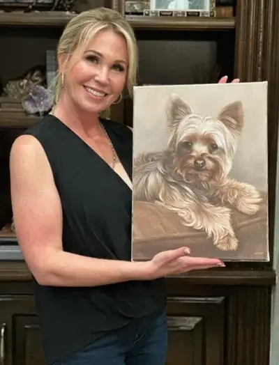 Polly's testimonial for Wendell's oil portrait, showing the framed artwork that Tiff loved for its lifelike quality